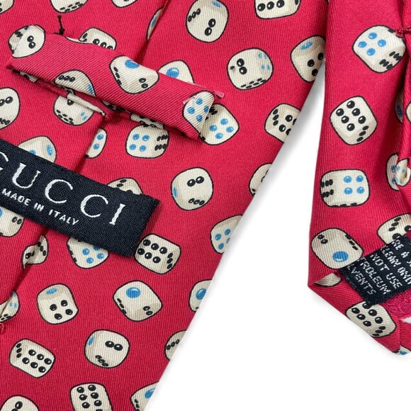 Gucci Silk Tie Italy Made Vintage Dice Gambler Print Red White - Picture 5 of 7